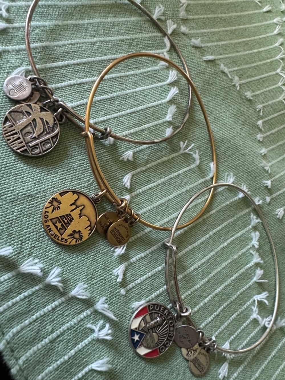 Alex and Ani Travel Charm Bangle Stack: Miami, Puerto Rico, Los Angeles
